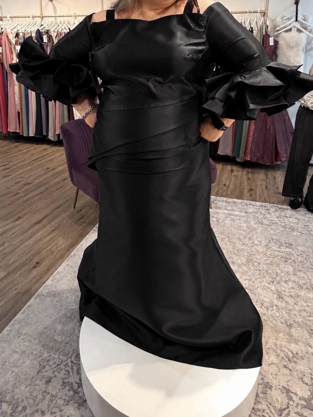 Black Ruffle-Sleeve Evening Dress